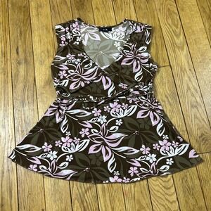 Y2K BCX Brown Pink Floral V Neck Sleeveless Peplum Top Shirt Size L Made‎ in USA